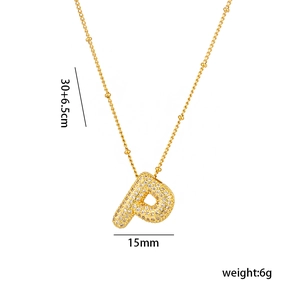 Detailed view of 18K gold letter P pendant with micro-pave cubic zirconia and dimensions