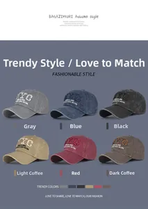 Detail showing various colors of vintage washed baseball caps with NYC 3D embroidery