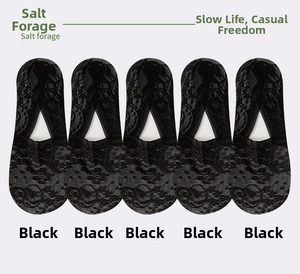 Detailed view of five pairs of black lace invisible socks with floral mesh patterns