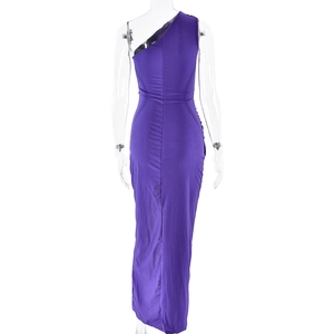 Back view of a purple one-shoulder maxi dress with side ruching on a white background