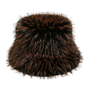Detailed view of the thick faux fox fur texture on a brown and black gradient bucket hat