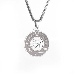 Silver stainless steel Eye of Horus necklace with circular Egyptian hieroglyph pendant