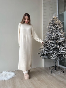 Women Long Sleeve Knit Midi Dress Crewneck Cotton Blend Slit Loose Casual Winter Pullover