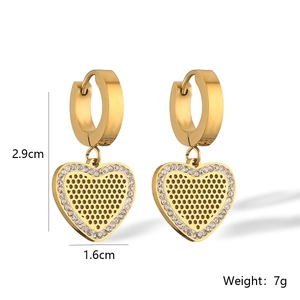 Detail showing dimensions of gold heart earrings with grid texture and rhinestones