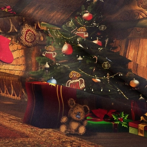 Macro shot showing high-quality woven fabric texture and detailed Christmas tree print