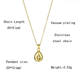 Detailed specs of teardrop zircon necklace with dimensions and stainless steel chain info