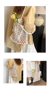Detailed views of a beige handmade woven bag with hollow mesh design and soft cotton rope