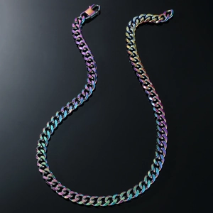 Rainbow plated titanium steel Cuban link necklace with iridescent metallic finish
