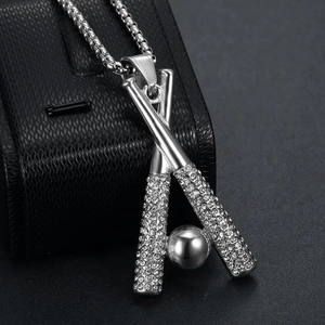 Silver iced out baseball bat and ball pendant necklace in stainless steel hip hop style
