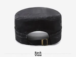 Back view of vintage black flat top military cap with bronze metal adjustment buckle