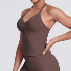 Seamless V-neck ribbed yoga set with slim fit sports bra and high waist leggings in brown
