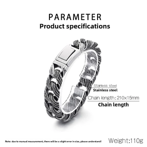 Detail of 15mm vintage stainless steel Cuban link bracelet with size specifications