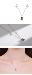 Macro view and model wearing S925 silver Sagittarius necklace with green gemstone