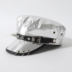 Silver punk military hat with metallic finish, black leather strap and metal studs