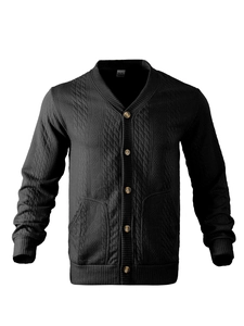 Macro shot of men's black V-neck cardigan featuring detailed cable knit texture and buttons