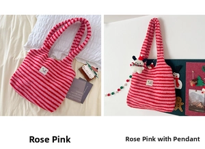 Detailed comparison of striped plush tote bag in rose pink with cute dog charm