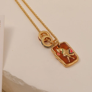 French vintage gold necklace with rectangular horse motif enamel pendant on stone base