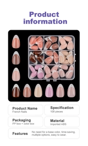 Detail view of 108pcs French fake nail set in 9 colors inside a transparent storage box