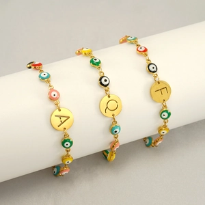 18K gold plated stainless steel Evil Eye bracelets with personalized initial charms