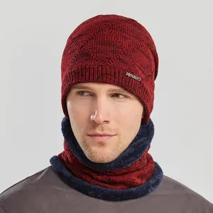 Men's winter burgundy knit beanie and neck warmer set with warm fleece lining