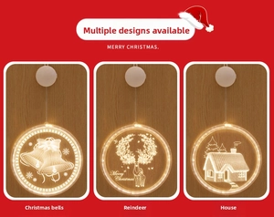 Close-up of LED Christmas window lights featuring warm yellow elk and house patterns