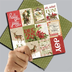 Macro detail of vintage Christmas scrapbooking paper with Santa and reindeer illustrations