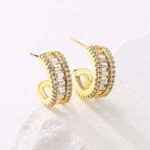 C-Shape Hoop Earrings 18K Gold Plated Copper Micro Pave Cubic Zirconia Vintage Retro Half Round Jewelry For Women