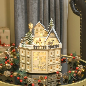 Christmas Advent Calendar Wooden Village Scene With LED Lights Countdown Drawers Tabletop Decoration Snow Scene Ornament