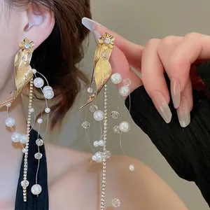 Flower Leaf Long Tassel Earrings With Imitation Artificial Pearl Zircon And 925 Sterling Silver Earring Post Elegant Jewelry For Women