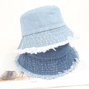 Frayed Raw Edge Denim Bucket Hat Washed Cotton Vintage Sun Shade Casual Outdoor Fisherman Cap For Women