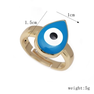 Detail of gold evil eye teardrop ring with 1.5cm x 1cm size and 5g weight specs