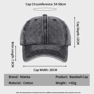 Washed denim baseball cap size guide showing 54-58cm circumference and cotton material