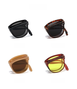 Foldable UV400 sunglasses in black, tortoise, amber, and brown shades shown folded