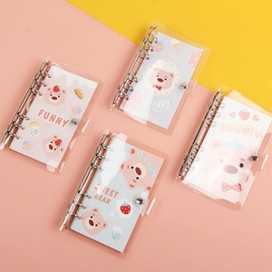 Cute A6 transparent PVC loose-leaf notebook with cartoon bear design and metal 6-ring binder