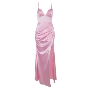 Robe de soirée en satin rose avec bretelles en strass, taille plissée et fente haute