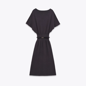 Women Knitted Midi Dress Elegant Solid Color Batwing Half Sleeve Belted Round Neck Casual Office Commute Dress