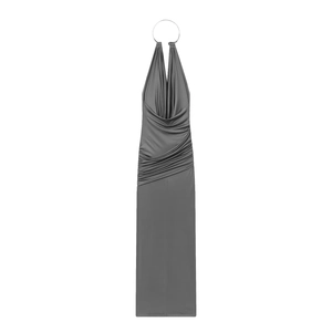 Dark grey halter neck maxi dress with elegant metal ring and draped pleated details