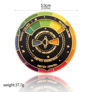 Detailed view of color wheel enamel pin with size 5.0cm and weight 37.7g metrics