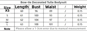 Size chart detail for tulle bodysuit showing length, bust, and waist measurements in cm