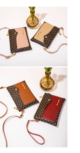 Detail of small crossbody phone bags in four colors with geometric ring prints