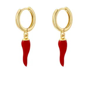 Chic brass gold hoop earrings with red chili pepper drop pendants for women