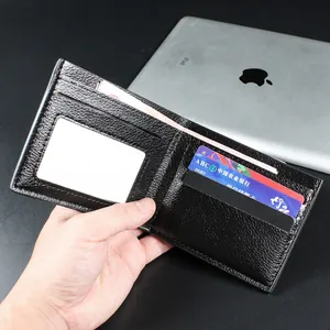 Classic black bifold wallet in litchi grain PU leather with multiple card slots and ID window