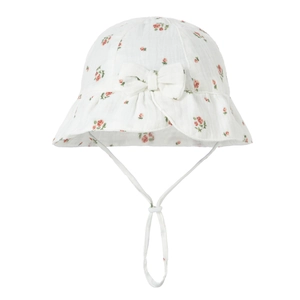 Detail of baby cotton sun hat with red rose floral print and adjustable chin strap