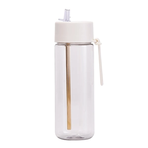 Detail of clear Tritan water bottle showing white lid, internal straw and silicone handle