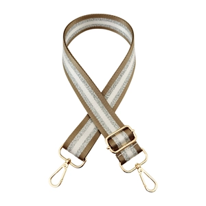 Adjustable 3.8cm khaki and silver striped woven shoulder strap with gold lobster clasps