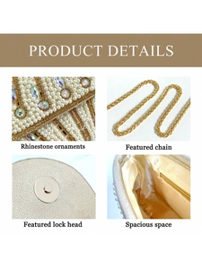 Detailed view of luxury evening bag with rhinestones, pearls and a golden chain strap