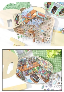 Detail of DIY 2.5D miniature tailor shop sticker kit with 3D background and accessories