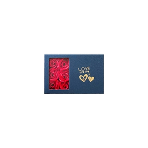 Navy blue jewelry gift box with red roses and gold LOVE text on white background