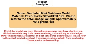 Detailed specifications for miniature Christmas models including resin and wood materials