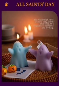 Detail of blue and purple ghost-shaped scented candles in a warm home setting